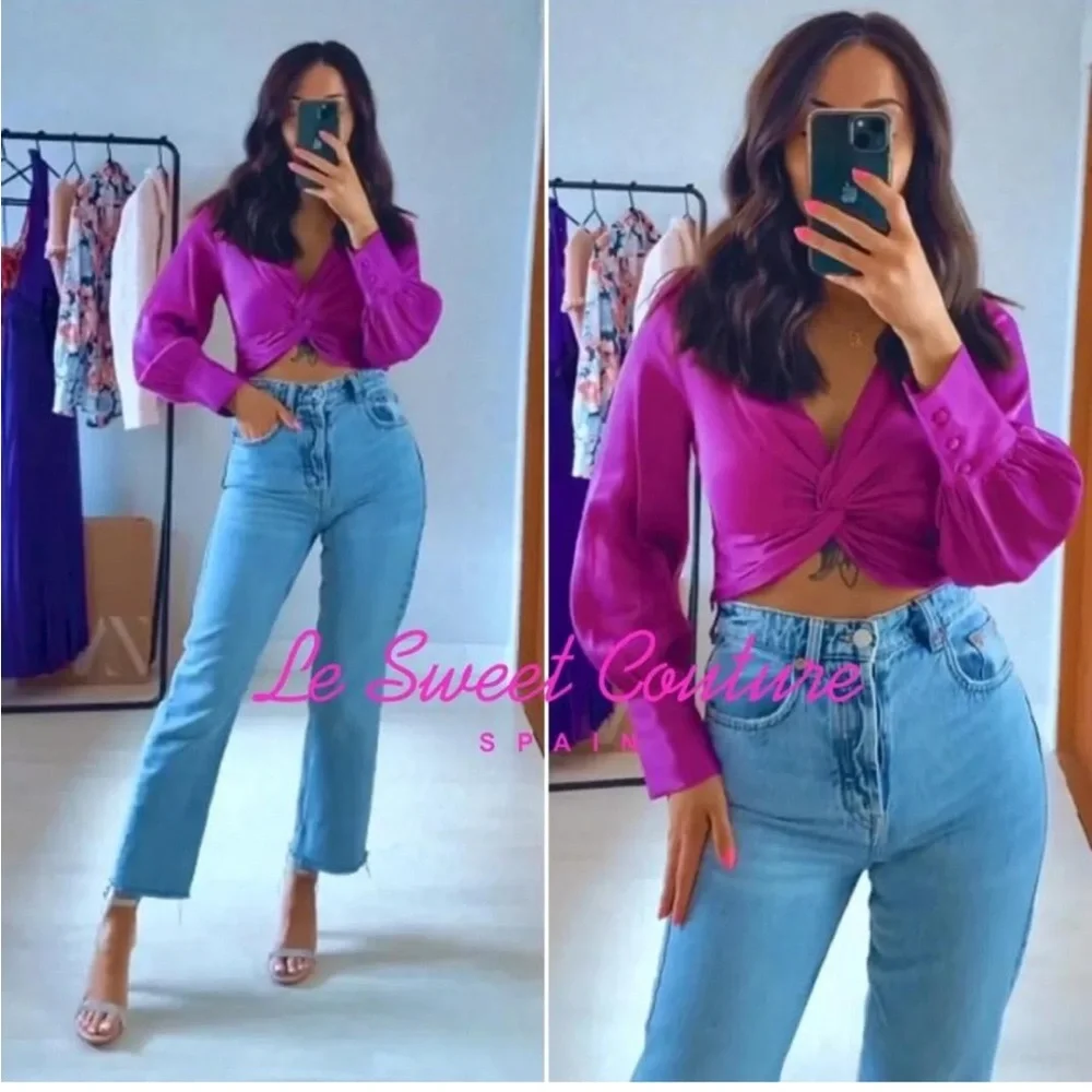 Zara Satin Purple Fuschia Longsleeve Twist Front Knotted Crop Top - Picture 3 of 14